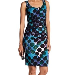 Tracey Reese Palm Dot Blue and green knee length ruched sleeveless Dress